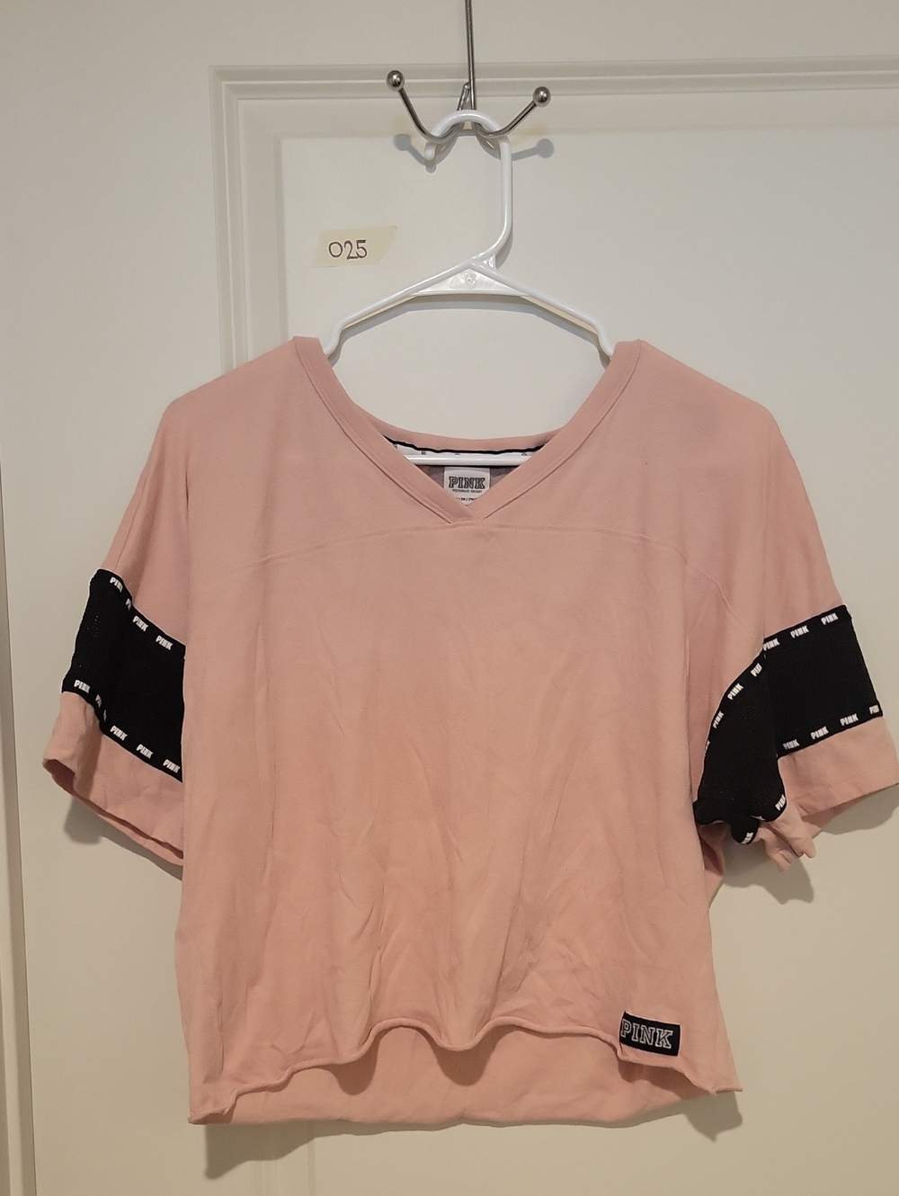 PINK Victoria's Secret Pink V-Neck Short Sleeve Tee with Black Logo Sleeves